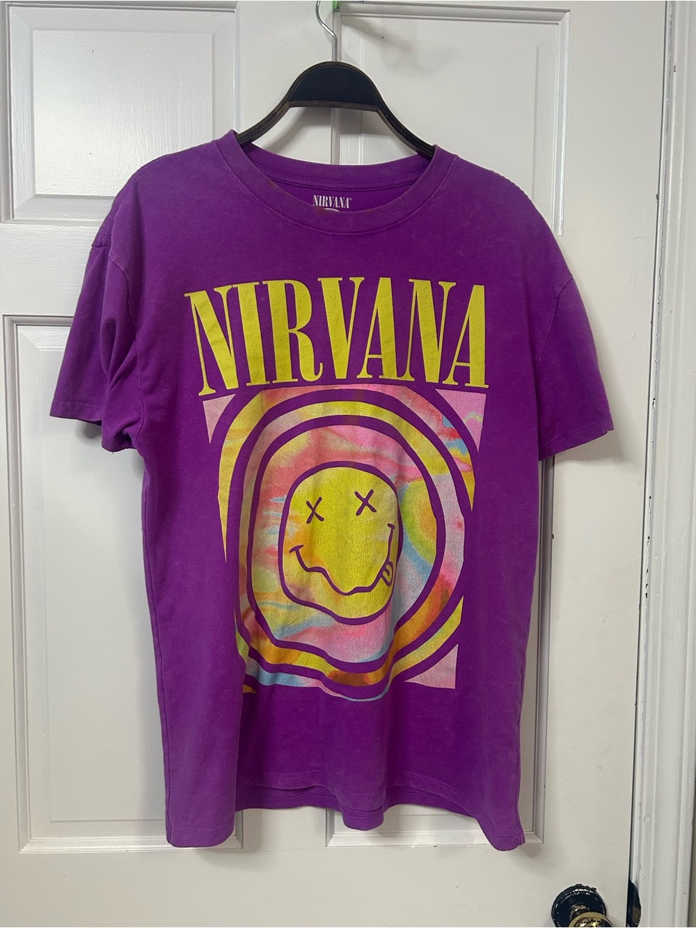 NIRVANA Purple Short Sleeve Tee with Yellow & Rainbow Smiley Graphic